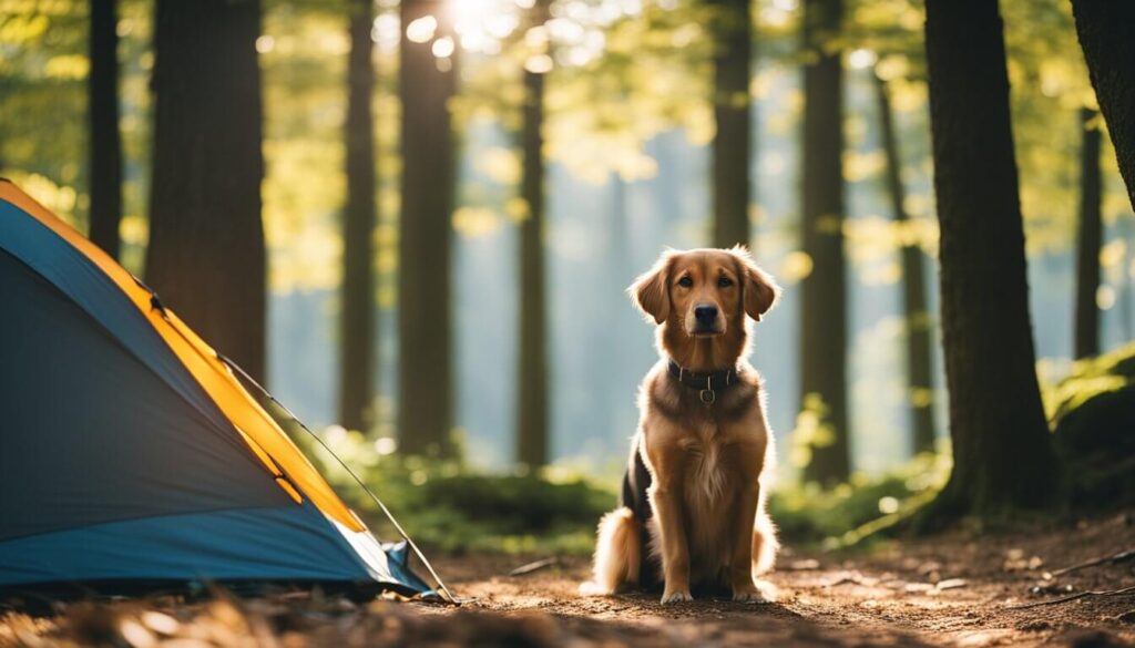 Ein Hund erkundet einen friedlichen Campingplatz im Odenwald.