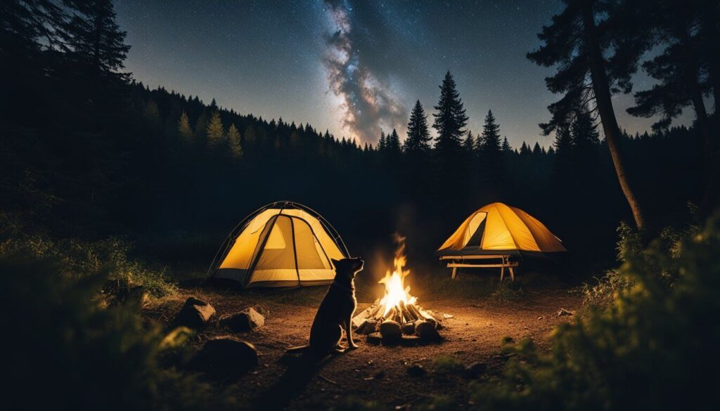 Ein friedlicher Campingplatz im Odenwald mit einem Hund, umgeben von hohen Bäumen und einem knisternden Lagerfeuer unter dem sternenklaren Nachthimmel.